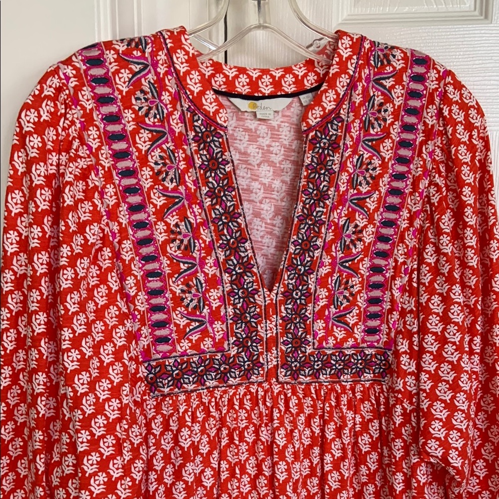 Boden orange print embroidered front dress